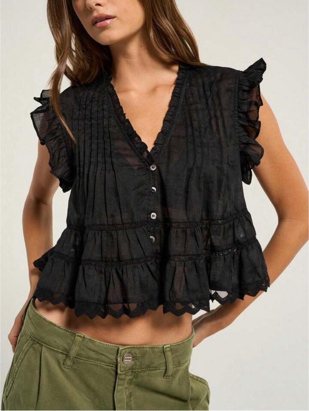 H&M Black Ruffle Trim Pintuck V-Neck Crop Top